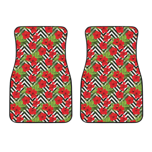 Red Hibiscus Chevron Pattern Print Front Car Floor Mats