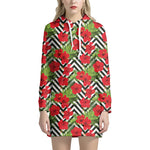 Red Hibiscus Chevron Pattern Print Hoodie Dress