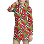 Red Hibiscus Chevron Pattern Print Hoodie Dress