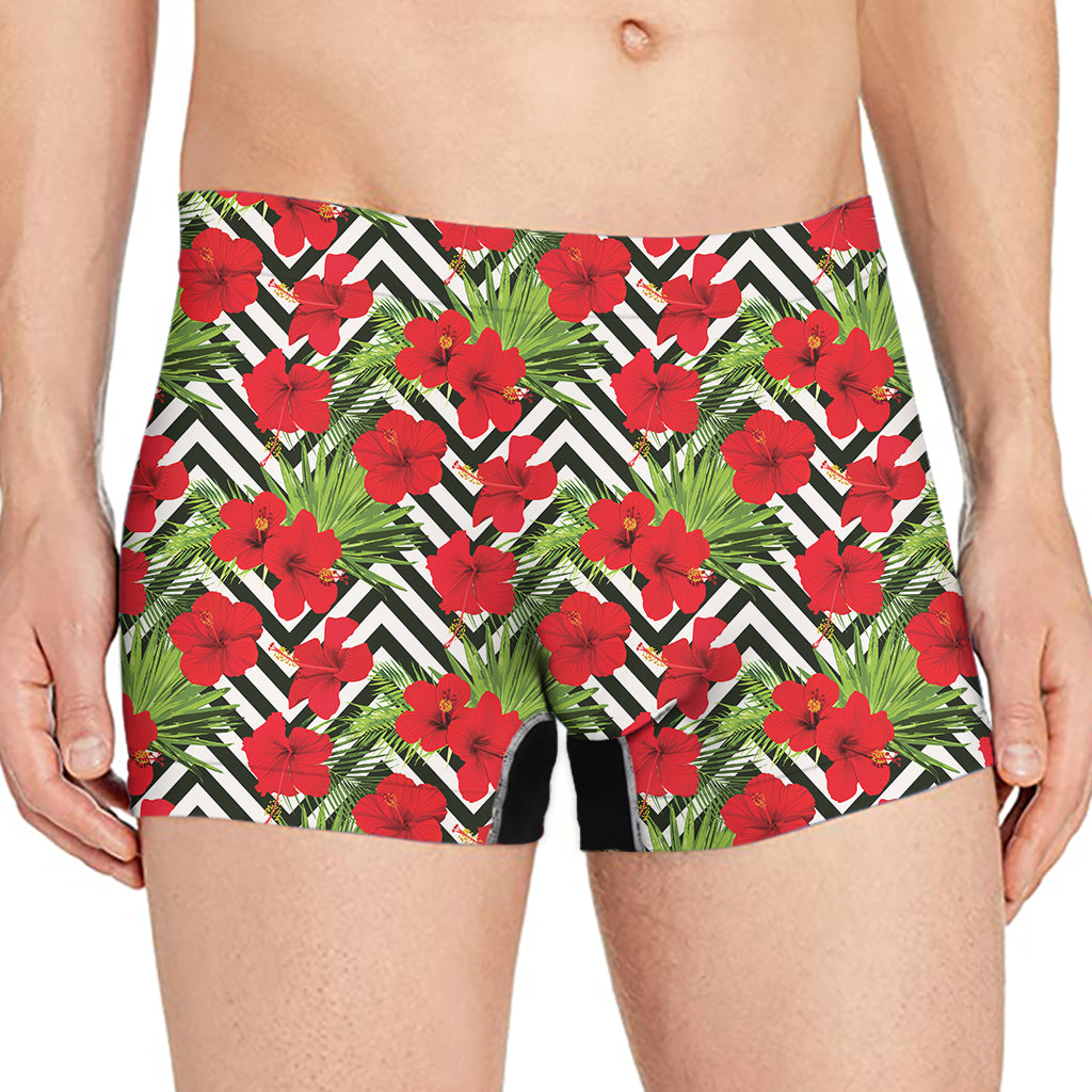 Red Hibiscus Chevron Pattern Print Men's Boxer Briefs