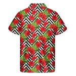 Red Hibiscus Chevron Pattern Print Men's Short Sleeve Shirt