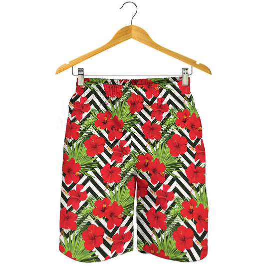 Red Hibiscus Chevron Pattern Print Men's Shorts