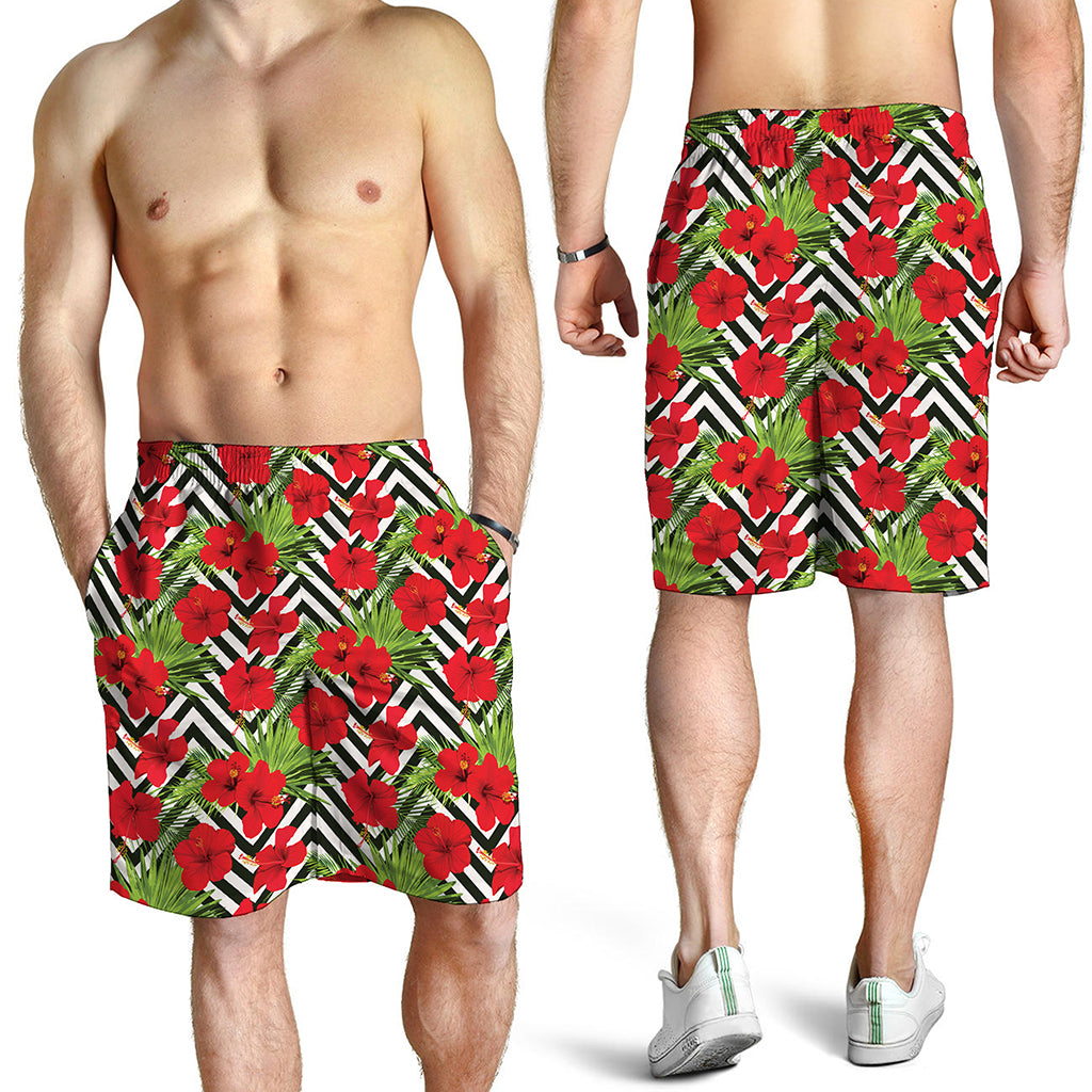 Red Hibiscus Chevron Pattern Print Men's Shorts