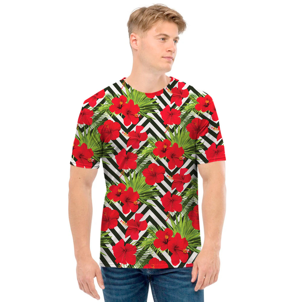 Red Hibiscus Chevron Pattern Print Men's T-Shirt