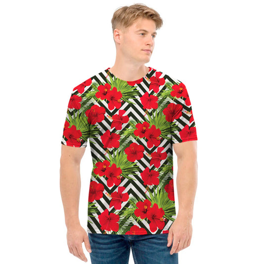 Red Hibiscus Chevron Pattern Print Men's T-Shirt
