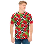 Red Hibiscus Chevron Pattern Print Men's T-Shirt