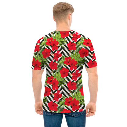Red Hibiscus Chevron Pattern Print Men's T-Shirt