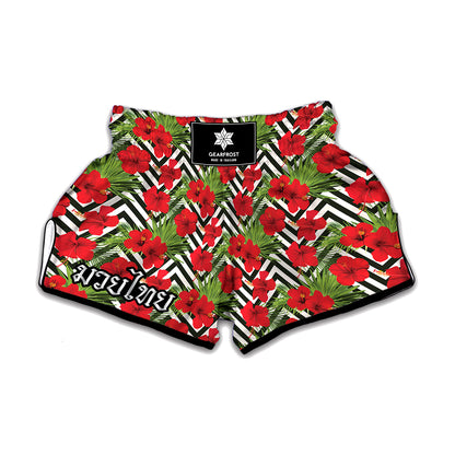 Red Hibiscus Chevron Pattern Print Muay Thai Boxing Shorts
