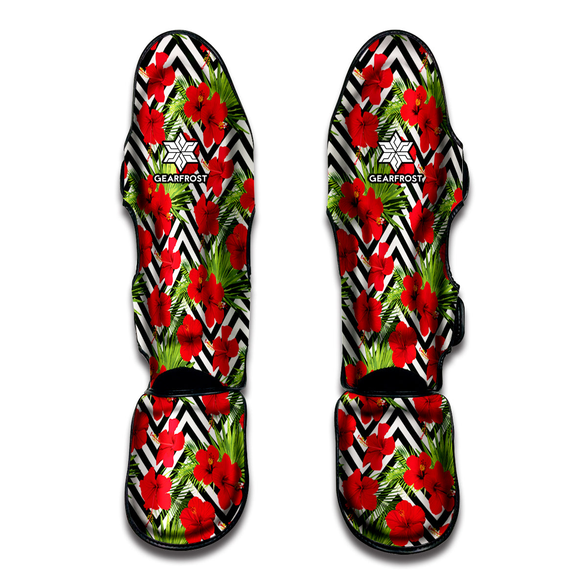 Red Hibiscus Chevron Pattern Print Muay Thai Shin Guard