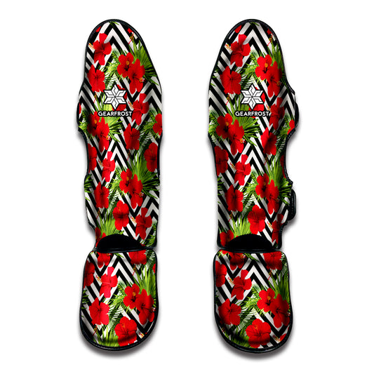 Red Hibiscus Chevron Pattern Print Muay Thai Shin Guard
