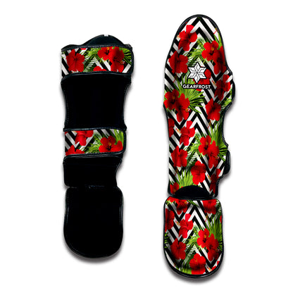 Red Hibiscus Chevron Pattern Print Muay Thai Shin Guard