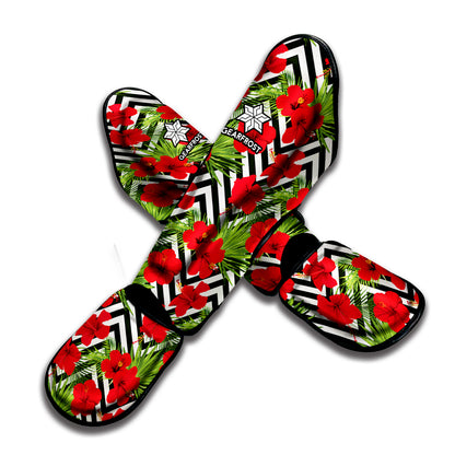 Red Hibiscus Chevron Pattern Print Muay Thai Shin Guard