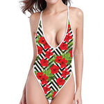Red Hibiscus Chevron Pattern Print One Piece High Cut Swimsuit