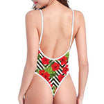 Red Hibiscus Chevron Pattern Print One Piece High Cut Swimsuit