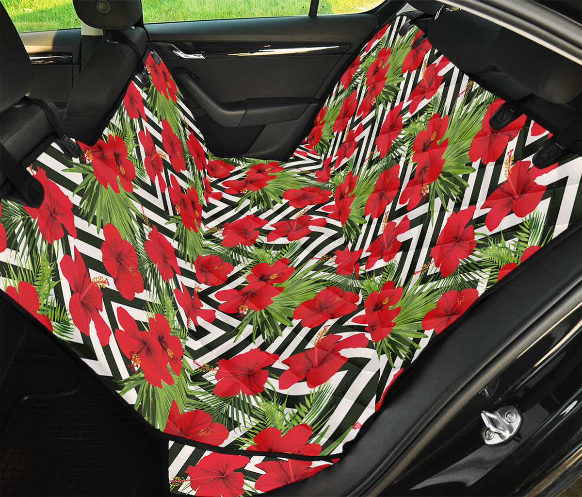 Red Hibiscus Chevron Pattern Print Pet Car Back Seat Cover
