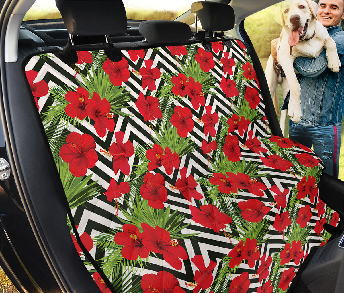 Red Hibiscus Chevron Pattern Print Pet Car Back Seat Cover