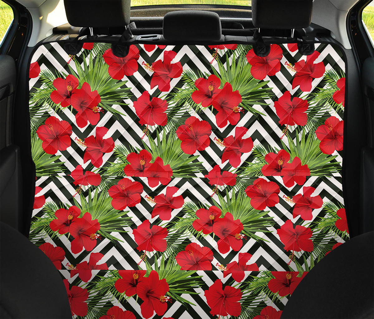 Red Hibiscus Chevron Pattern Print Pet Car Back Seat Cover