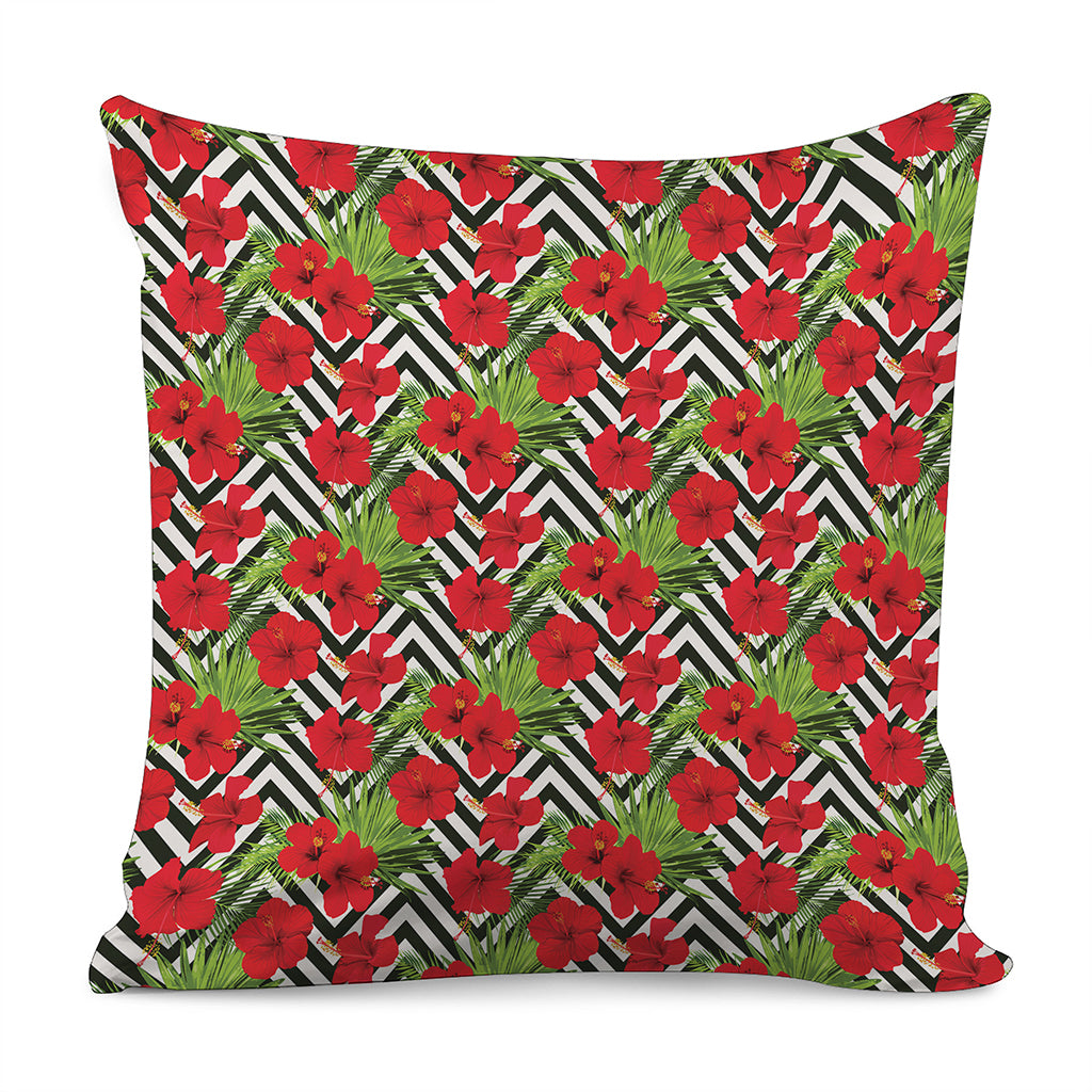 Red Hibiscus Chevron Pattern Print Pillow Cover