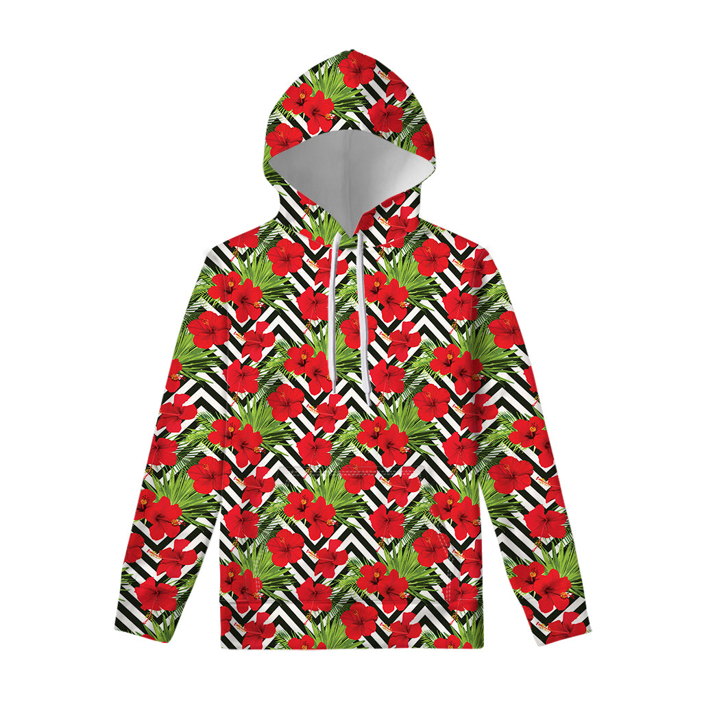 Red Hibiscus Chevron Pattern Print Pullover Hoodie