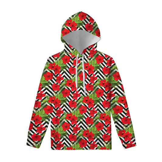 Red Hibiscus Chevron Pattern Print Pullover Hoodie