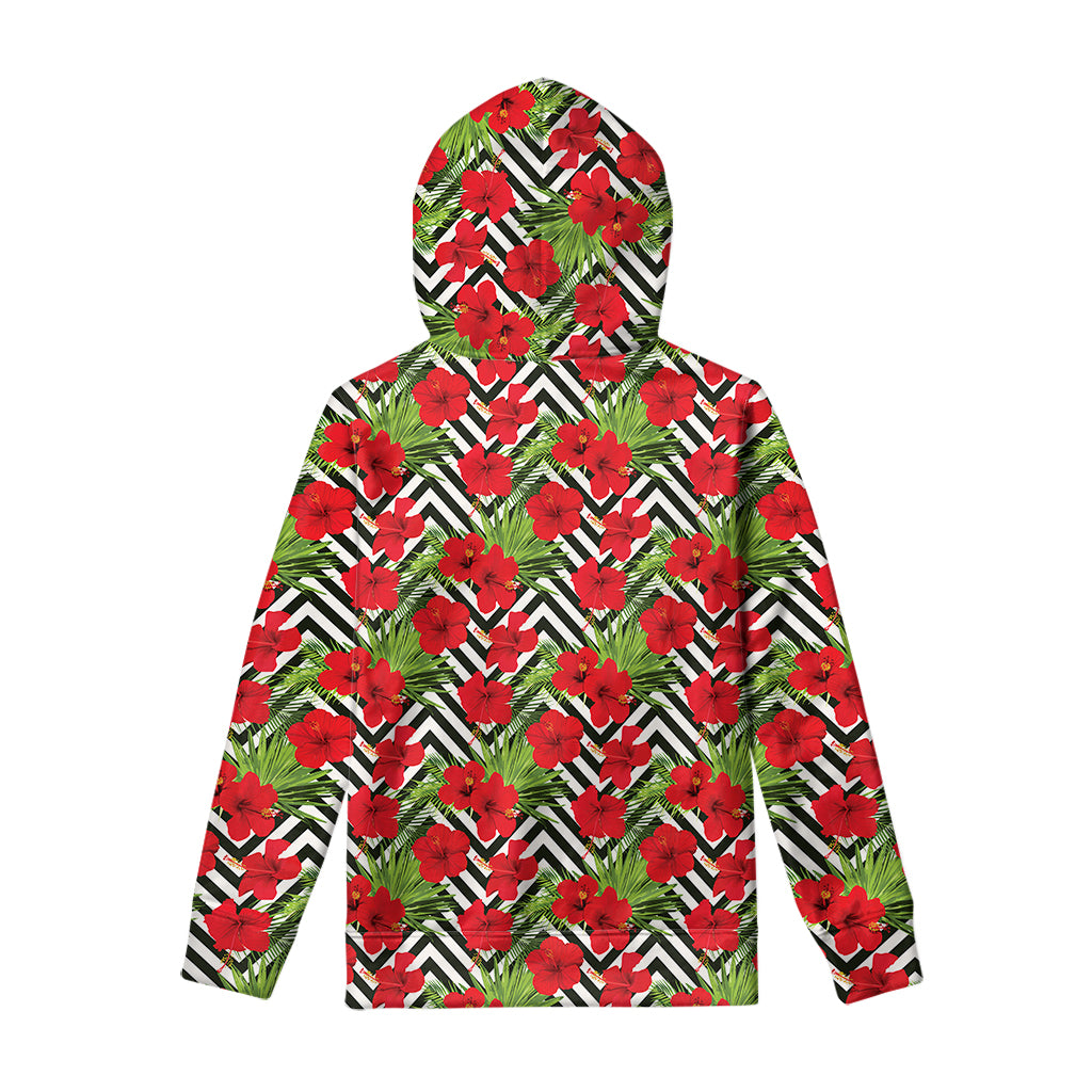 Red Hibiscus Chevron Pattern Print Pullover Hoodie