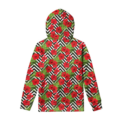 Red Hibiscus Chevron Pattern Print Pullover Hoodie