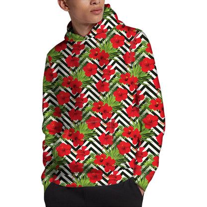 Red Hibiscus Chevron Pattern Print Pullover Hoodie