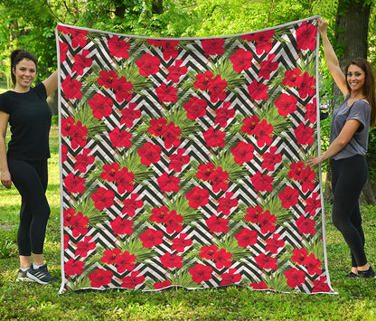 Red Hibiscus Chevron Pattern Print Quilt