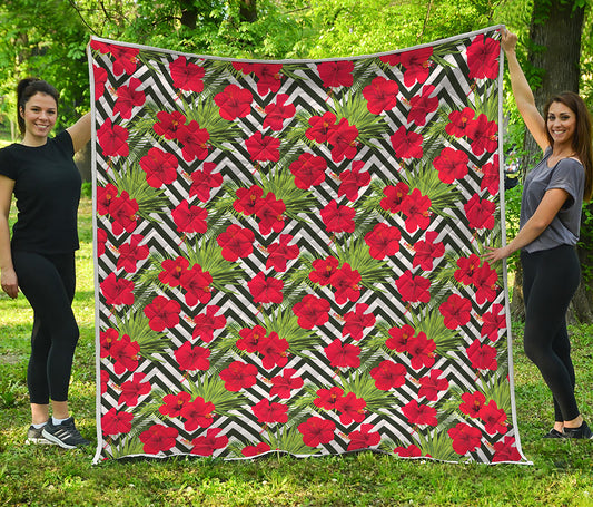 Red Hibiscus Chevron Pattern Print Quilt