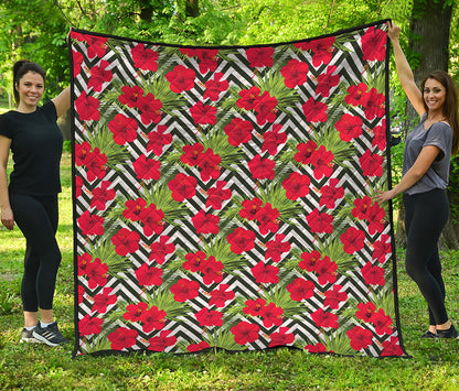Red Hibiscus Chevron Pattern Print Quilt