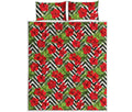 Red Hibiscus Chevron Pattern Print Quilt Bed Set