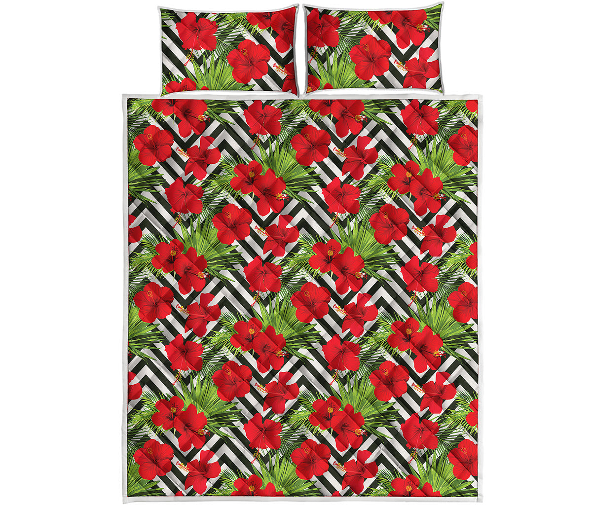 Red Hibiscus Chevron Pattern Print Quilt Bed Set