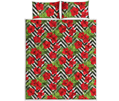 Red Hibiscus Chevron Pattern Print Quilt Bed Set