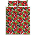 Red Hibiscus Chevron Pattern Print Quilt Bed Set