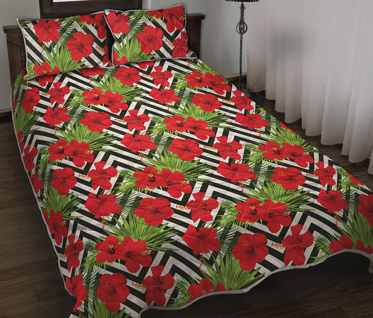 Red Hibiscus Chevron Pattern Print Quilt Bed Set
