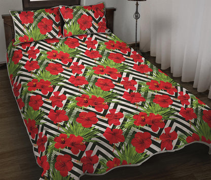 Red Hibiscus Chevron Pattern Print Quilt Bed Set