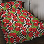 Red Hibiscus Chevron Pattern Print Quilt Bed Set