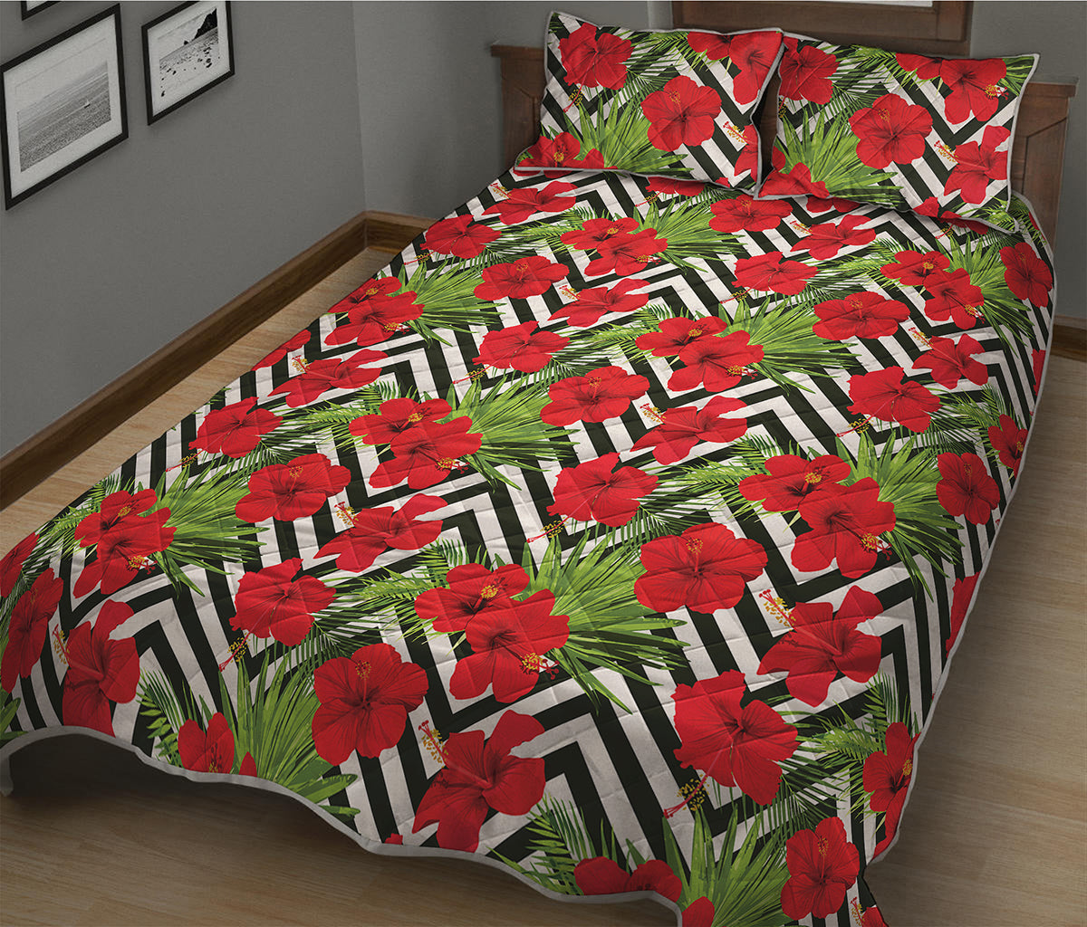 Red Hibiscus Chevron Pattern Print Quilt Bed Set