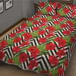 Red Hibiscus Chevron Pattern Print Quilt Bed Set