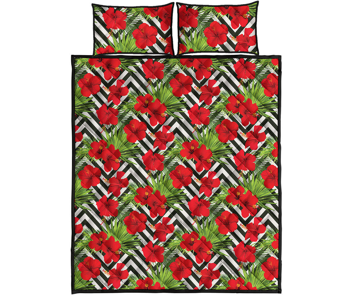 Red Hibiscus Chevron Pattern Print Quilt Bed Set