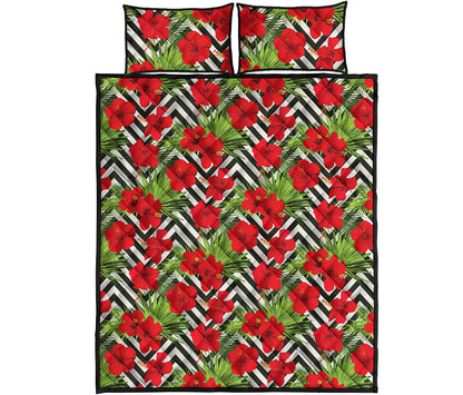 Red Hibiscus Chevron Pattern Print Quilt Bed Set