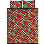 Red Hibiscus Chevron Pattern Print Quilt Bed Set
