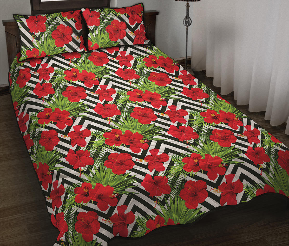 Red Hibiscus Chevron Pattern Print Quilt Bed Set