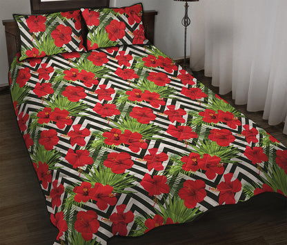 Red Hibiscus Chevron Pattern Print Quilt Bed Set