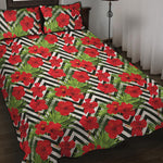 Red Hibiscus Chevron Pattern Print Quilt Bed Set