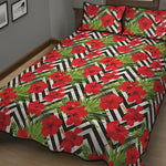 Red Hibiscus Chevron Pattern Print Quilt Bed Set