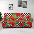 Red Hibiscus Chevron Pattern Print Sofa Cover