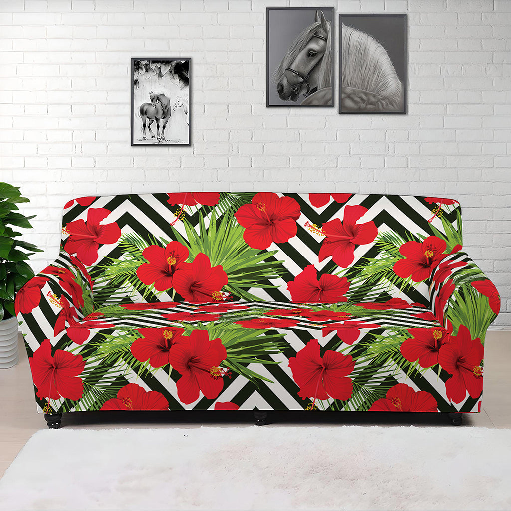 Red Hibiscus Chevron Pattern Print Sofa Cover