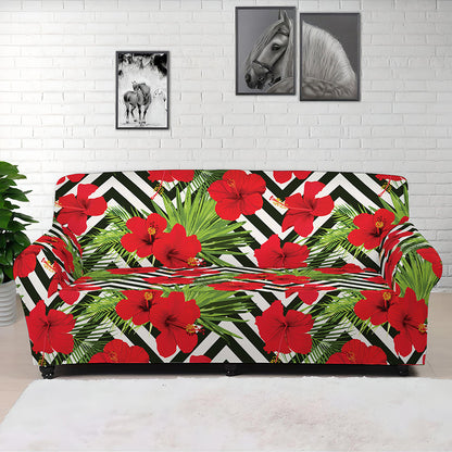 Red Hibiscus Chevron Pattern Print Sofa Cover