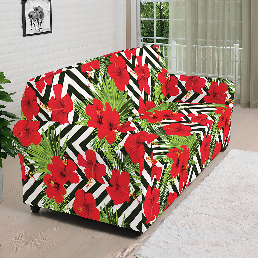 Red Hibiscus Chevron Pattern Print Sofa Cover